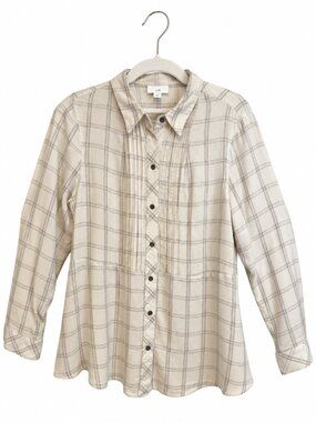 J. Jill Cream Gray Plaid Pin-tuck Long Sleeve Button-Down Blouse